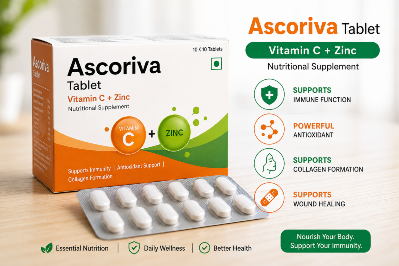 Ascoriva Tablet with Vitamin C and Zinc nutritional supplement for immune support and antioxidant protection