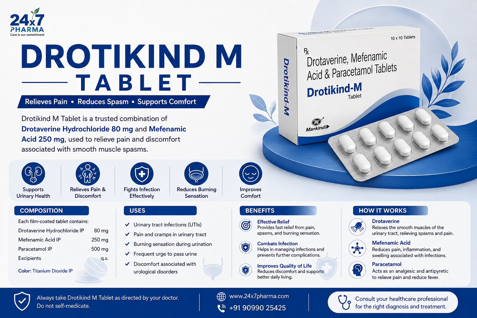 Drotikind M Tablet uses, composition and benefits
