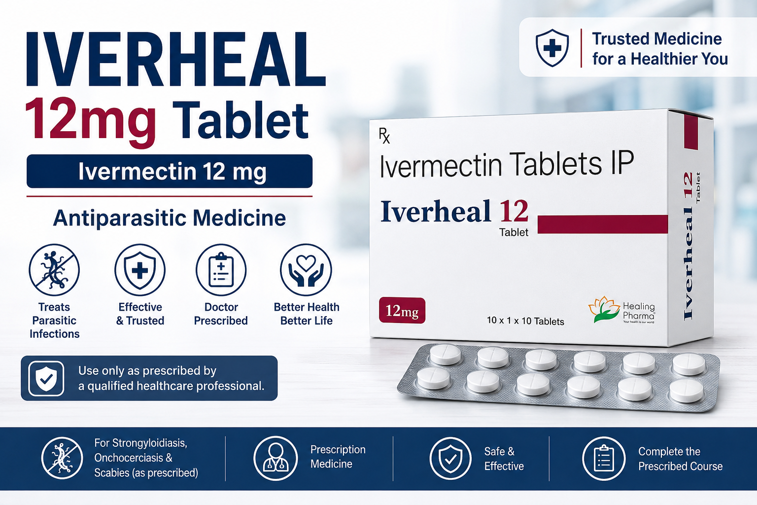 Iverheal 12mg Tablet (Ivermectin 12 mg) for parasitic infection treatment