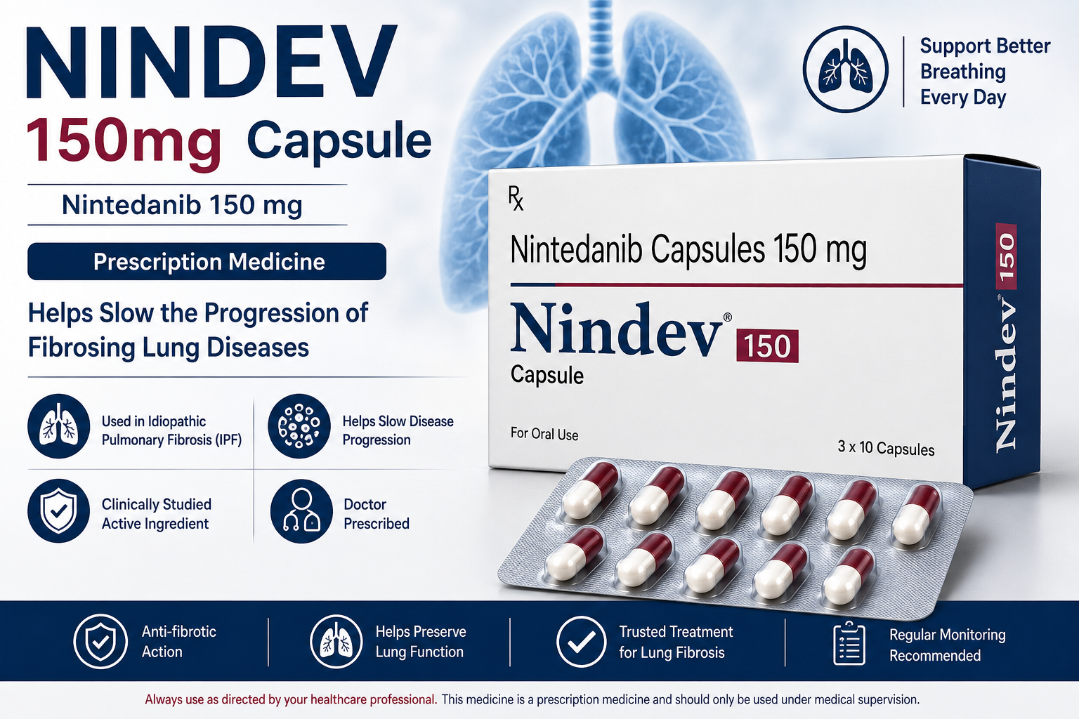 Nindev 150mg Capsule (Nintedanib 150mg) uses dosage side effects and benefits