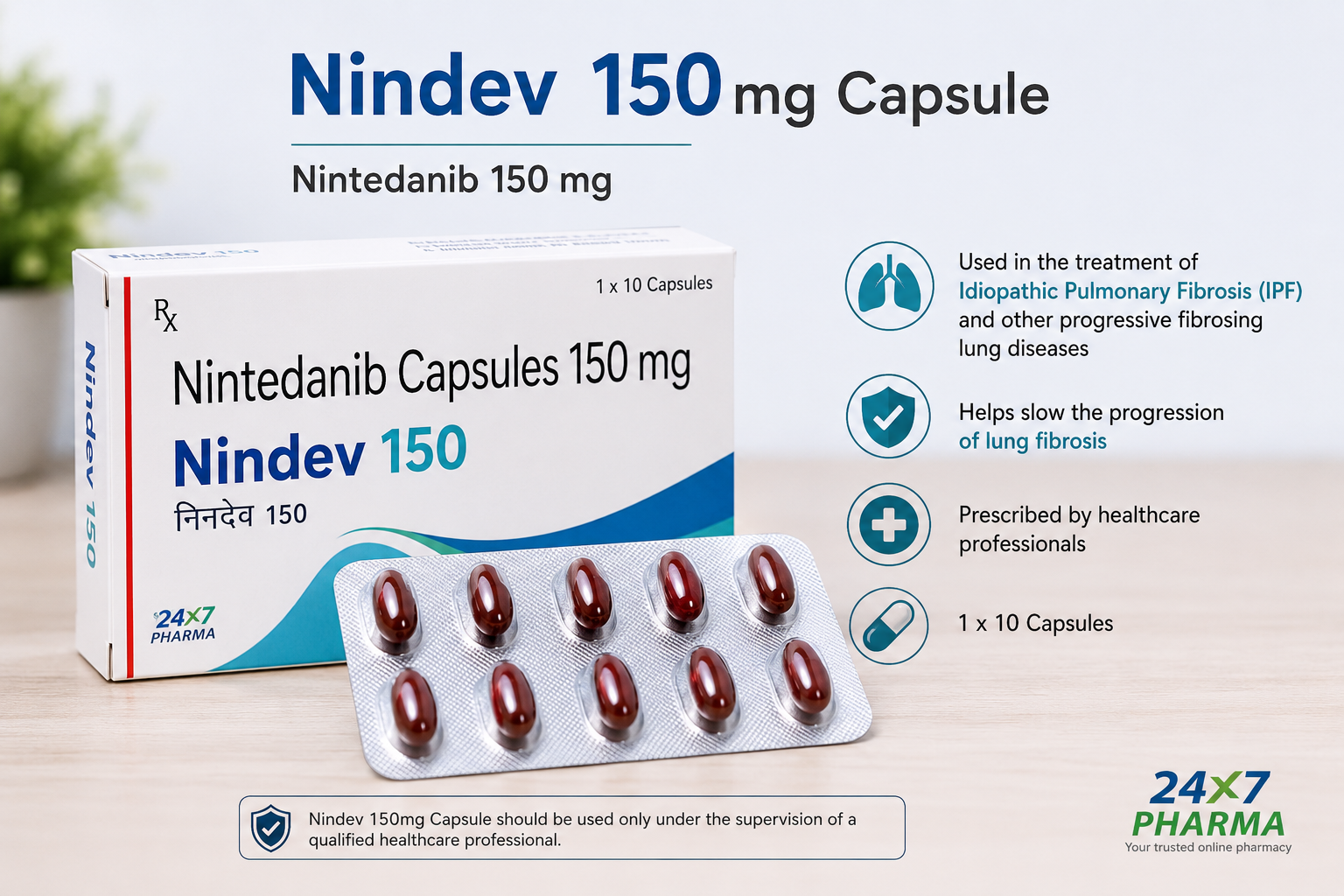 Nindev 150mg Capsule containing Nintedanib for idiopathic pulmonary fibrosis and progressive fibrosing lung diseases