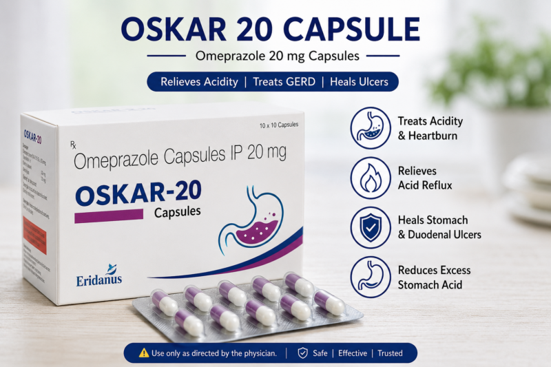 Oskar 20 Capsule (Omeprazole 20mg) for acidity, acid reflux, GERD, and stomach ulcer treatment