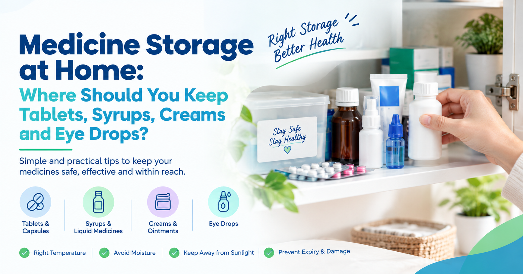 Medicine storage at home for tablets syrups creams and eye drops