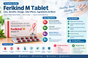 Ferikind M Tablet infographic showing uses, benefits, dosage, ingredients, side effects, and precautions for iron deficiency and anemia.