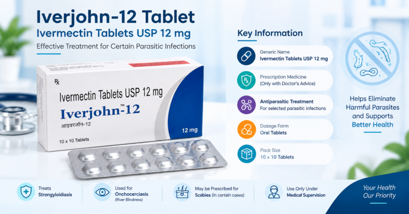 Iverjohn 12mg Tablet (Ivermectin Tablets USP 12 mg) prescription antiparasitic medicine for the treatment of certain parasitic infections.