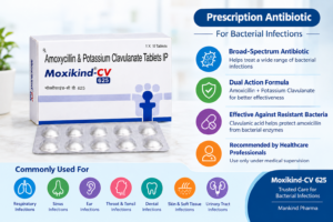 Moxikind CV 625 Tablet containing Amoxicillin and Potassium Clavulanate for treating bacterial infections.