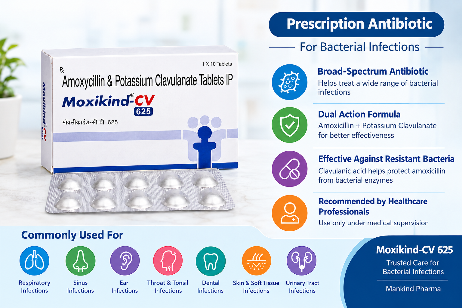 Moxikind CV 625 Tablet containing Amoxicillin and Potassium Clavulanate for treating bacterial infections.