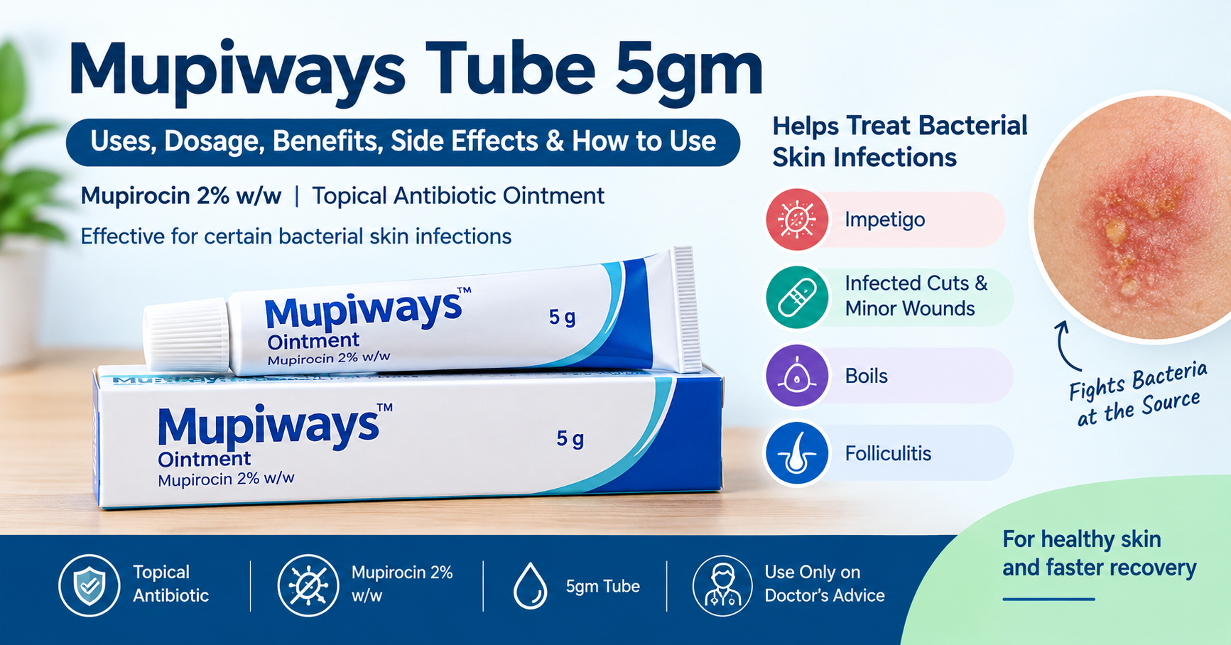 Mupiways Tube 5gm Mupirocin 2% ointment for bacterial skin infections