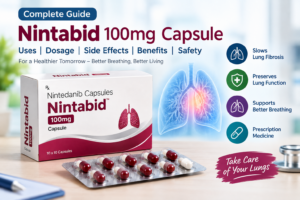 Nintabid 100mg Capsule (Nintedanib Capsules) for the treatment of idiopathic pulmonary fibrosis and interstitial lung disease.