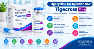 Tigecross 50mg Injection containing Tigecycline for the treatment of serious bacterial infections.