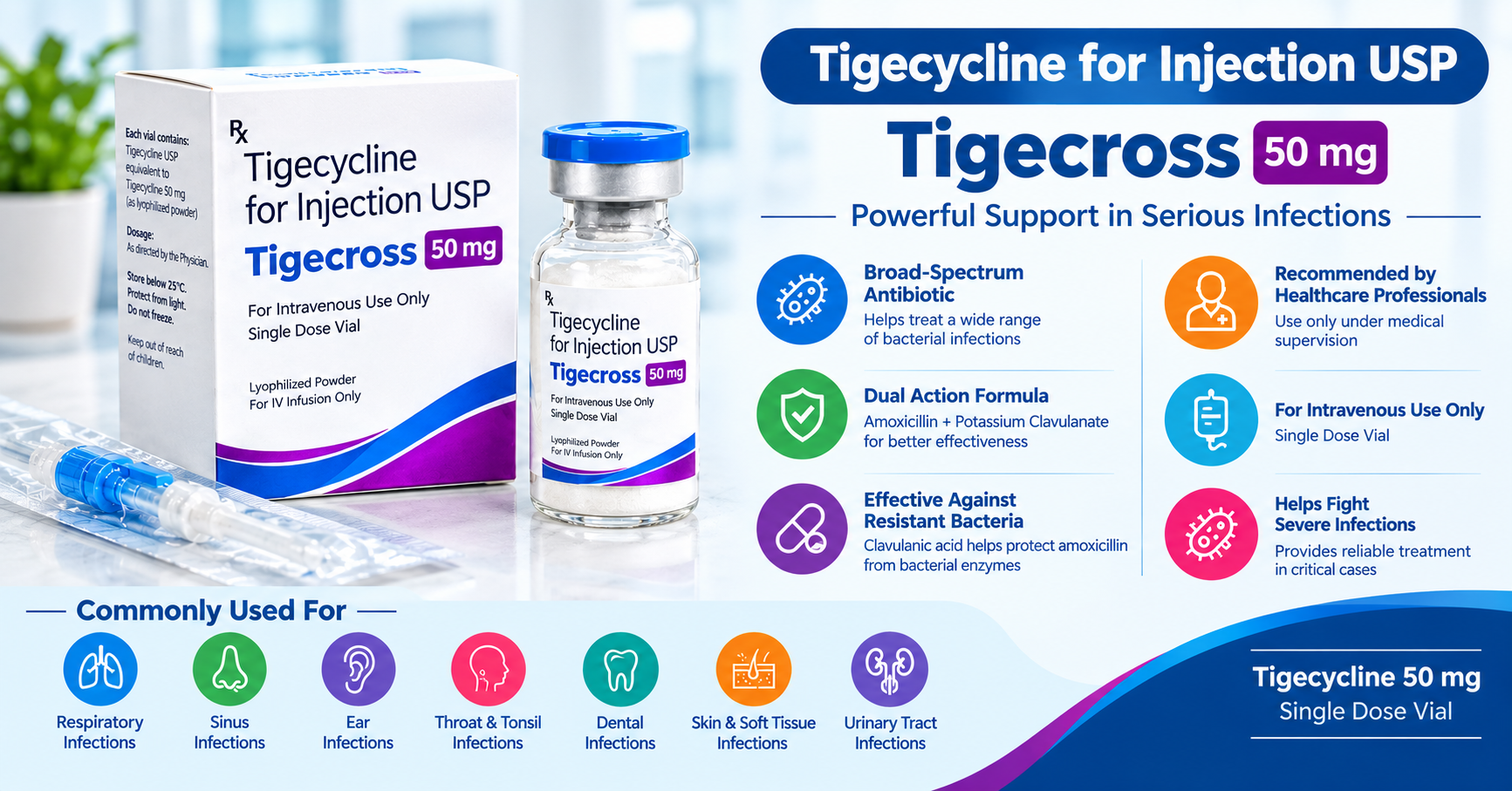 Tigecross 50mg Injection containing Tigecycline for the treatment of serious bacterial infections.