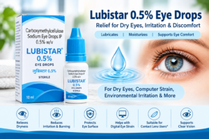 Lubistar 0.5% Eye Drops containing Carboxymethylcellulose Sodium 0.5% w/v for dry eye relief and artificial tear lubrication.